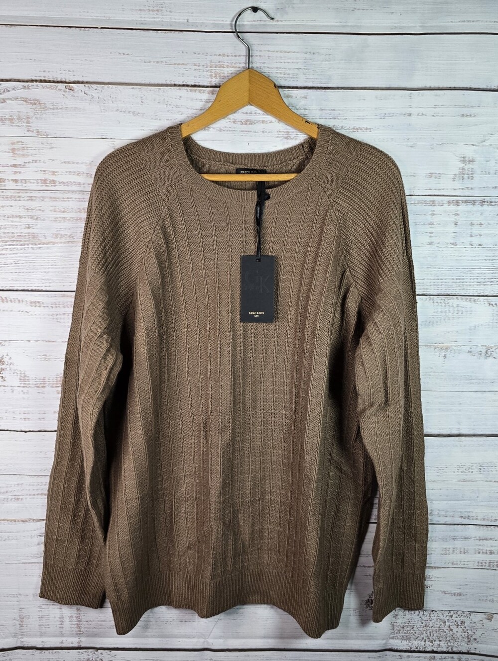 NWT Grace‎ Karin Brown Ribbed Knit Crewneck Sweater Size L Cozy Classic